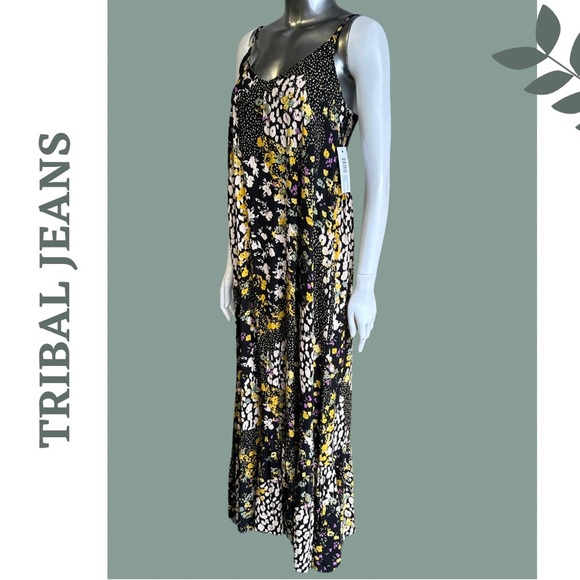 Tribal Jeans Floral Print Maxi Dress Back Elastic Smocking Black Yellow Size XS - Picture 7 of 14